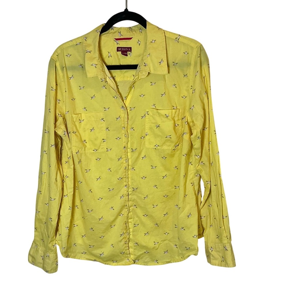 Yellow Bird Print Cotton Button Down Shirt Women's XL Long Sleeve Pockets